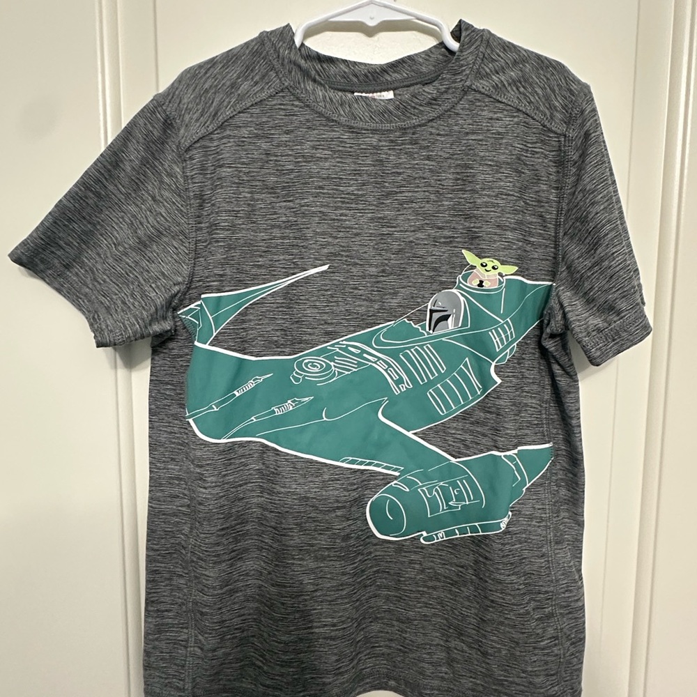 Hanna Andersson Star Wars Kids Tee Gray N-1 Starfighter Grogu Baby Yoda Size 8